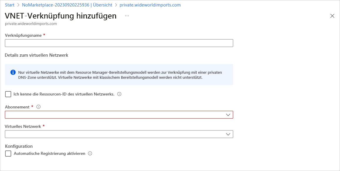 Screenshot: Seite „VNET-Verknüpfung hinzufügen“