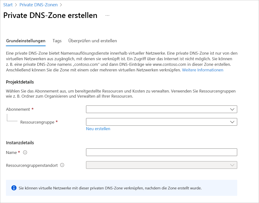 Screenshot: Seite „Private DNS-Zone erstellen“