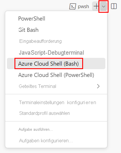 Screenshot des Visual Studio Code-Terminalfensters mit dem Dropdownmenü für die Terminalshell und Auswahl von „Git Bash (Standard)“