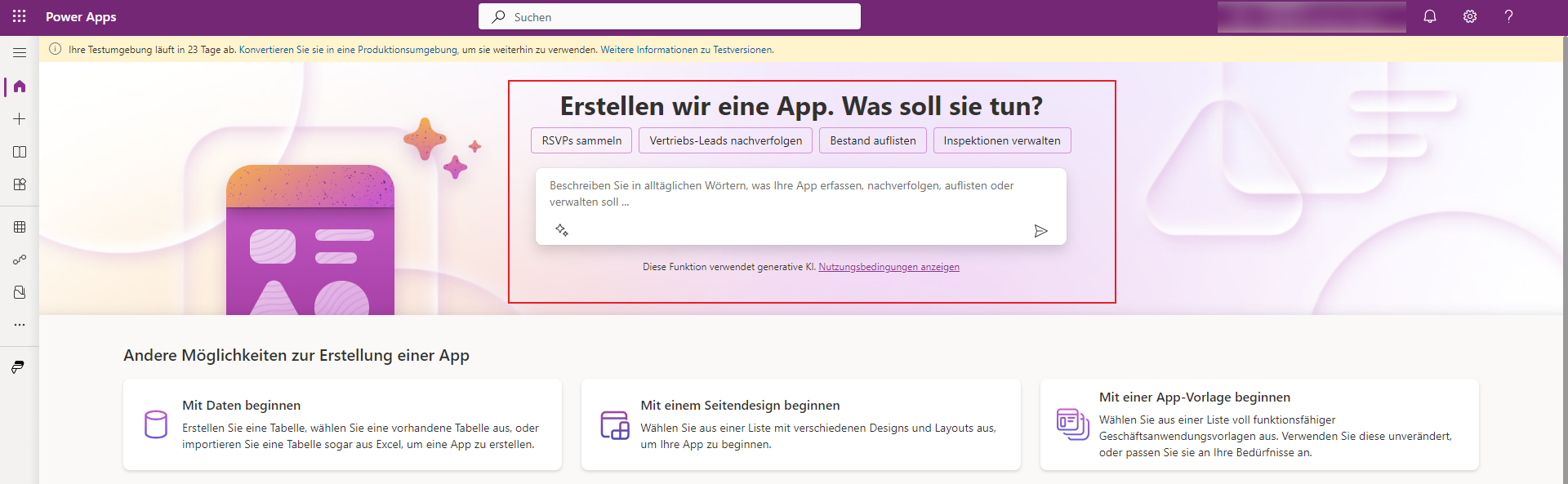 Screenshot, der die Beschreibung-zu-Design-Funktionen der Verwendung von Copilot zum Erstellen einer Canvas-App anzeigt.