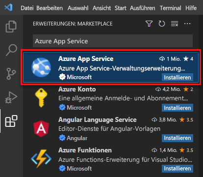 Screenshot von Visual Studio Code, der die Registerkarte „Erweiterungen“ mit der in den Suchergebnissen hervorgehobenen Azure App Service-Erweiterung darstellt.