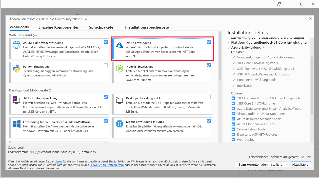 Screenshot: Workloads des Visual Studio-Installers mit hervorgehobener Azure-Entwicklung.