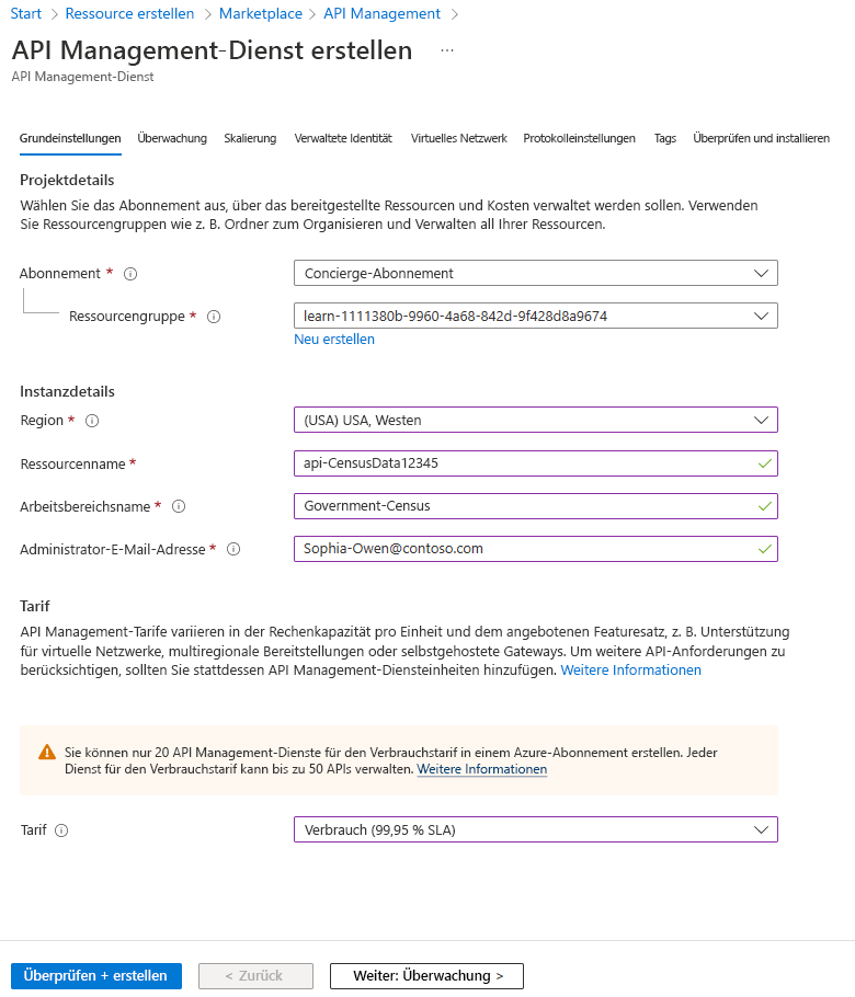 Screenshot of the completed settings on the Basics tab of the Create API Management service screen.