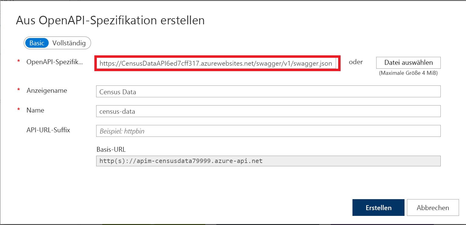 Screenshot of the Create from OpenAPI specification dialog box with the swagger JSON URL entered.