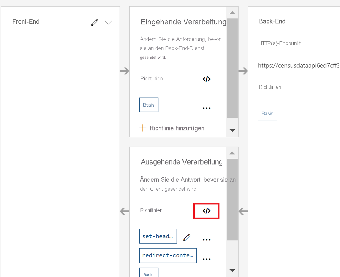 Screenshot of the Design tab with the Policies icon highlighted in the Outbound processing section.