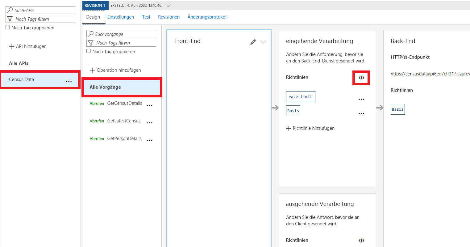 Screenshot of the Design tab with the Policies icon highlighted in the Inbound processing section.