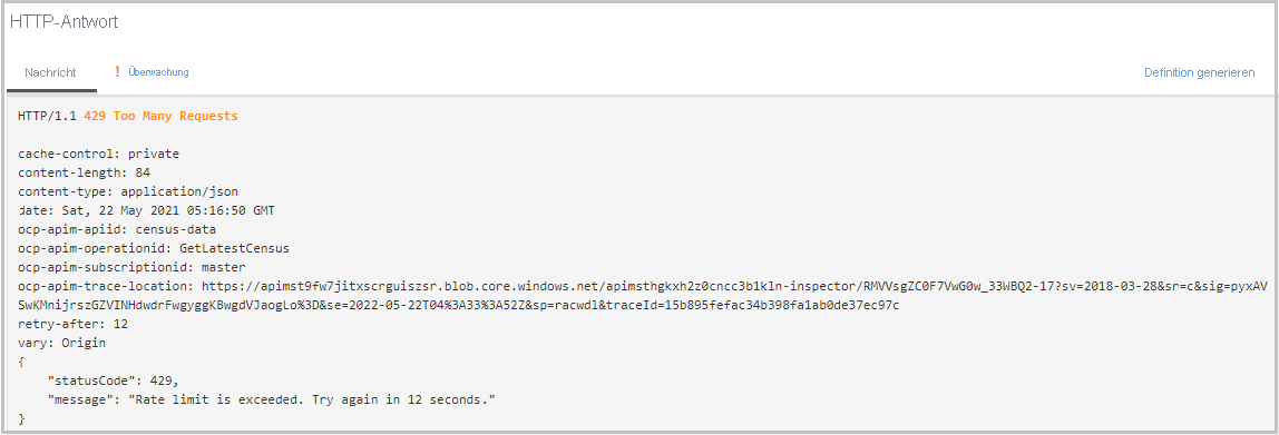 Screenshot of an HTTP response showing a 429 Too Many Requests error.