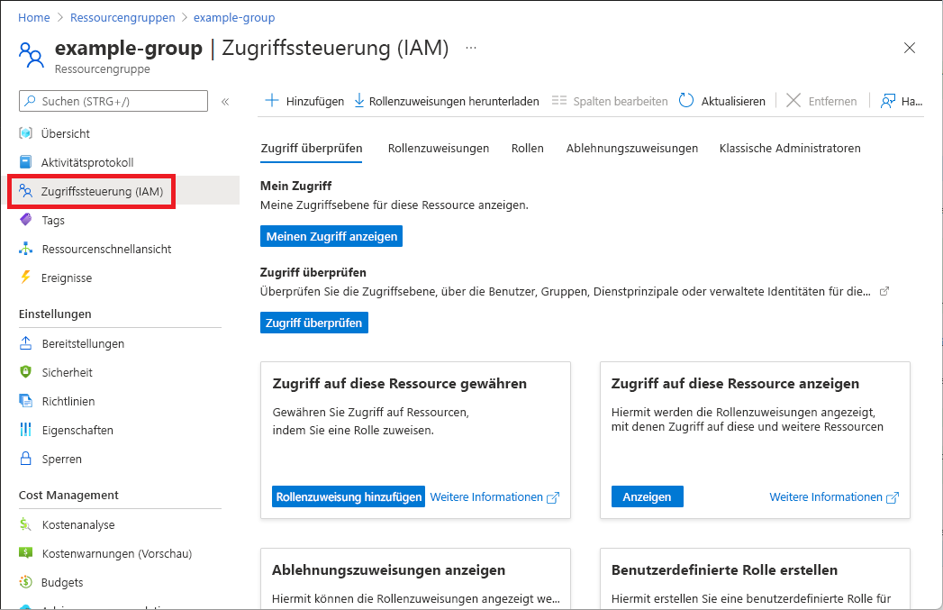 Screenshot showing Access control (IAM) option on the resource group pane.