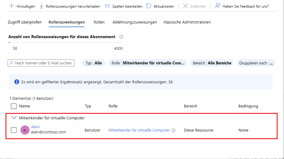 Screenshot that shows the Virtual Machine Contributor role assigned to a user.