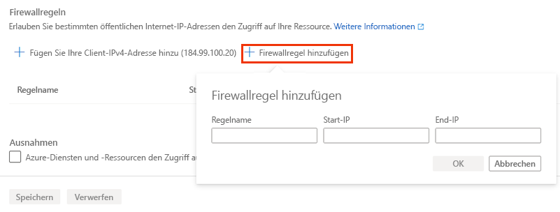 Screenshot: Erstellen einer Serverfirewallregel im Azure-Portal