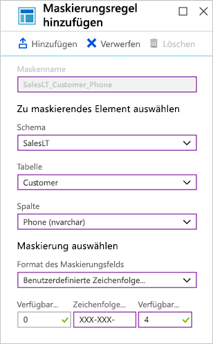 Screenshot of the Azure portal showing the values to add a masking rule.