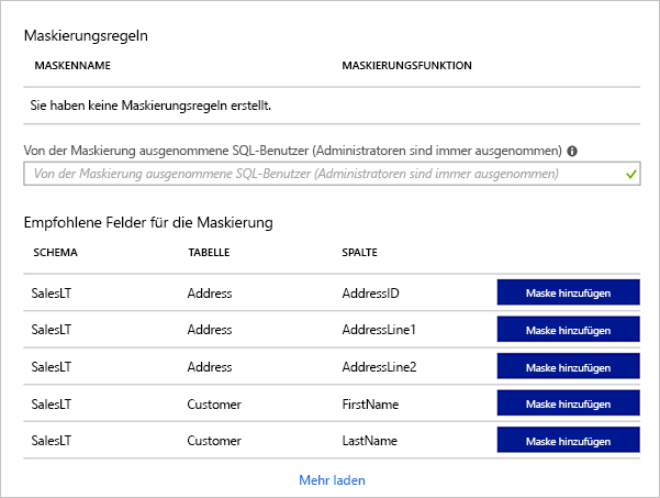 Screenshot of the Azure portal showing a list of the recommended masks for the various database columns of a sample database.