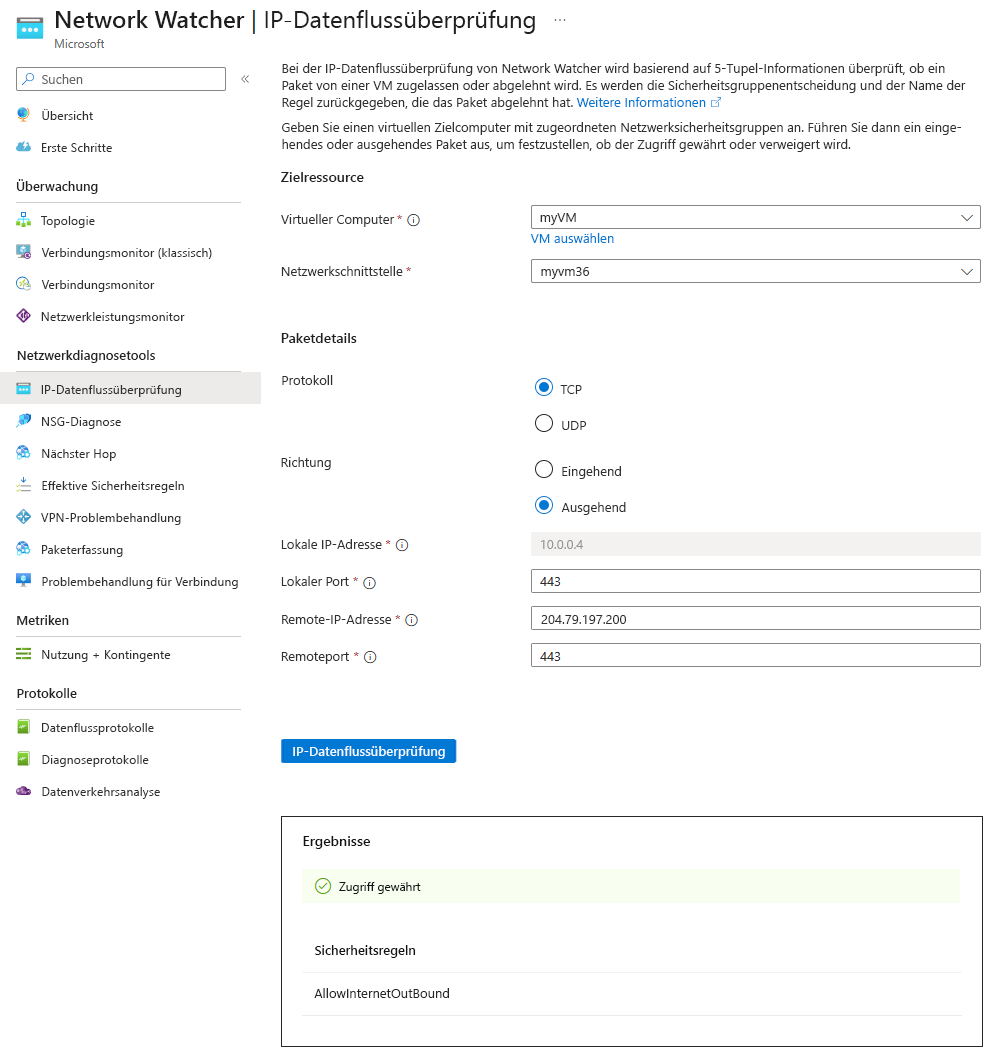 Screenshot of the IP flow verify feature in the Azure portal.