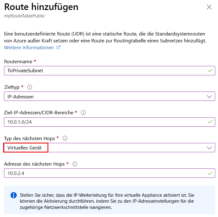 Screenshot der Seite „Route hinzufügen“. Die Dropdownliste „Typ des nächsten Hops“ ist hervorgehoben. „Virtuelles Gerät“ ist aktiviert.