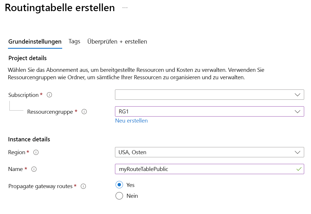 Screenshot des Bereichs „Routingtabelle erstellen“ im Azure-Portal