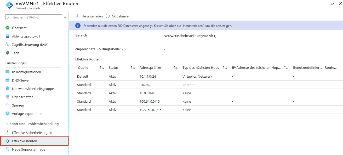 Azure-Portal: effektive Routen für eine bestimmte Netzwerkschnittstelle