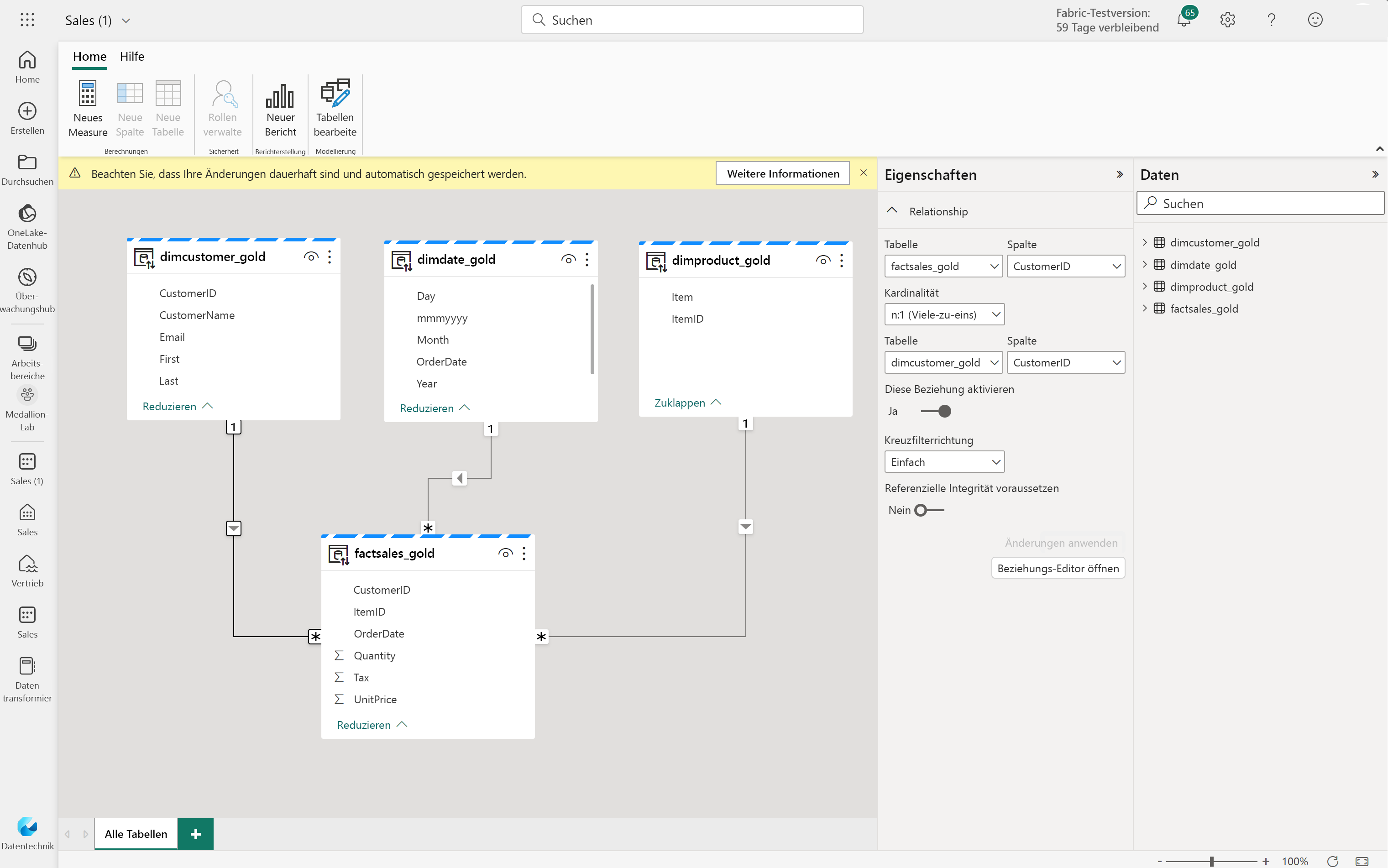 Screenshot des Power BI-Semantikmodells mit Beziehungen zwischen Tabellen.