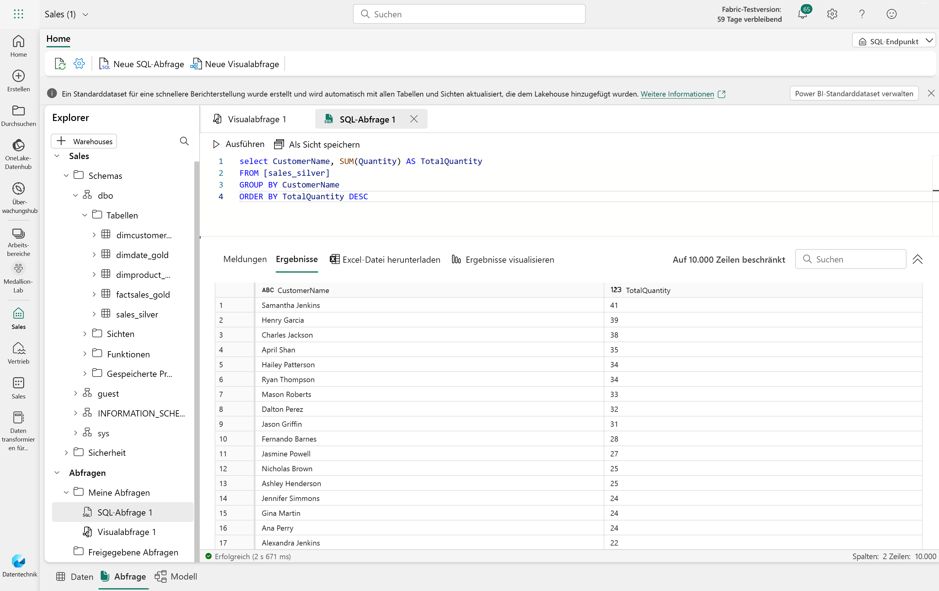 Screenshot der SQL-Endpunkt in der Fabric-Benutzeroberfläche.