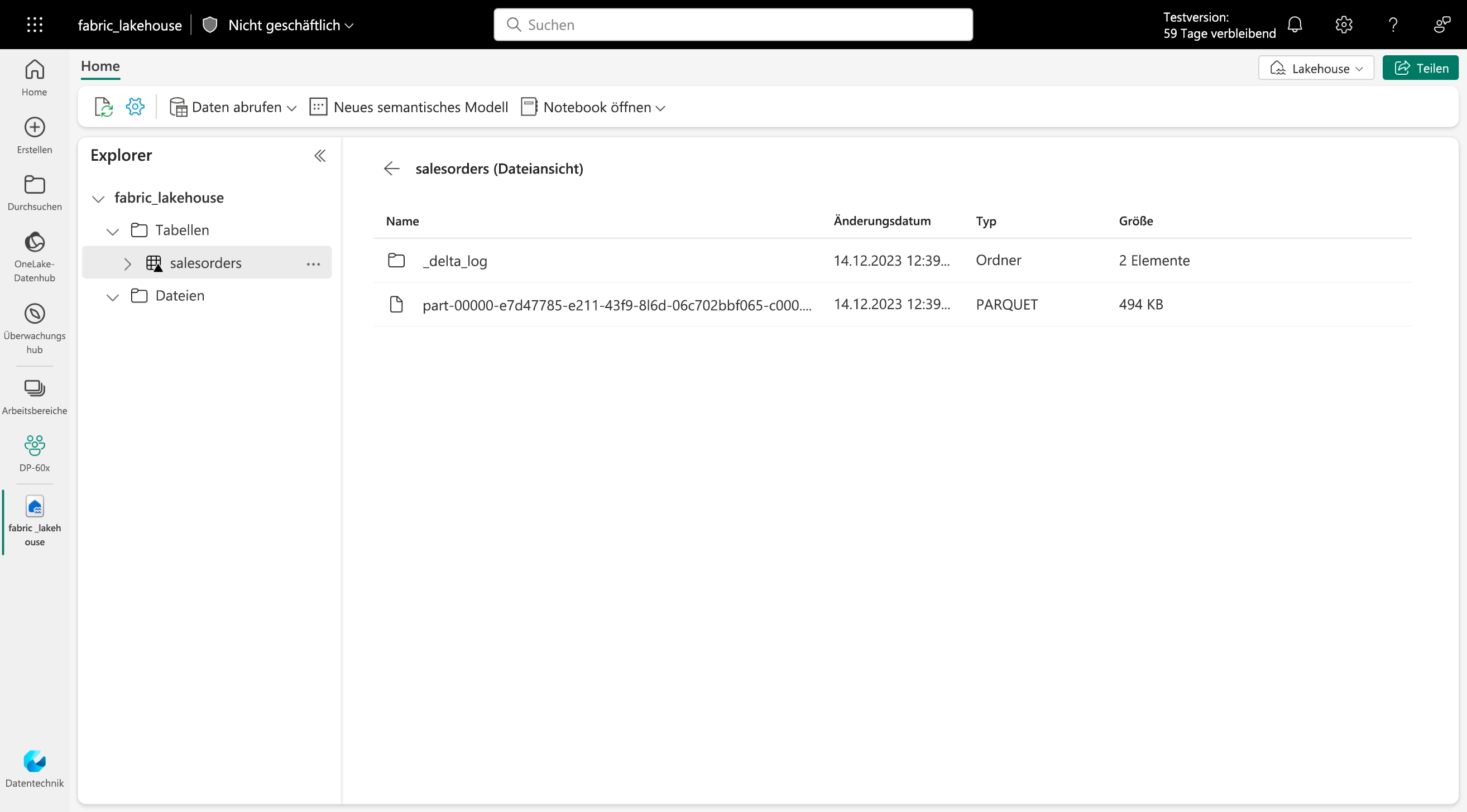 Screenshot of the files view of the parquet files in the salesorders table viewed through Lakehouse explorer.