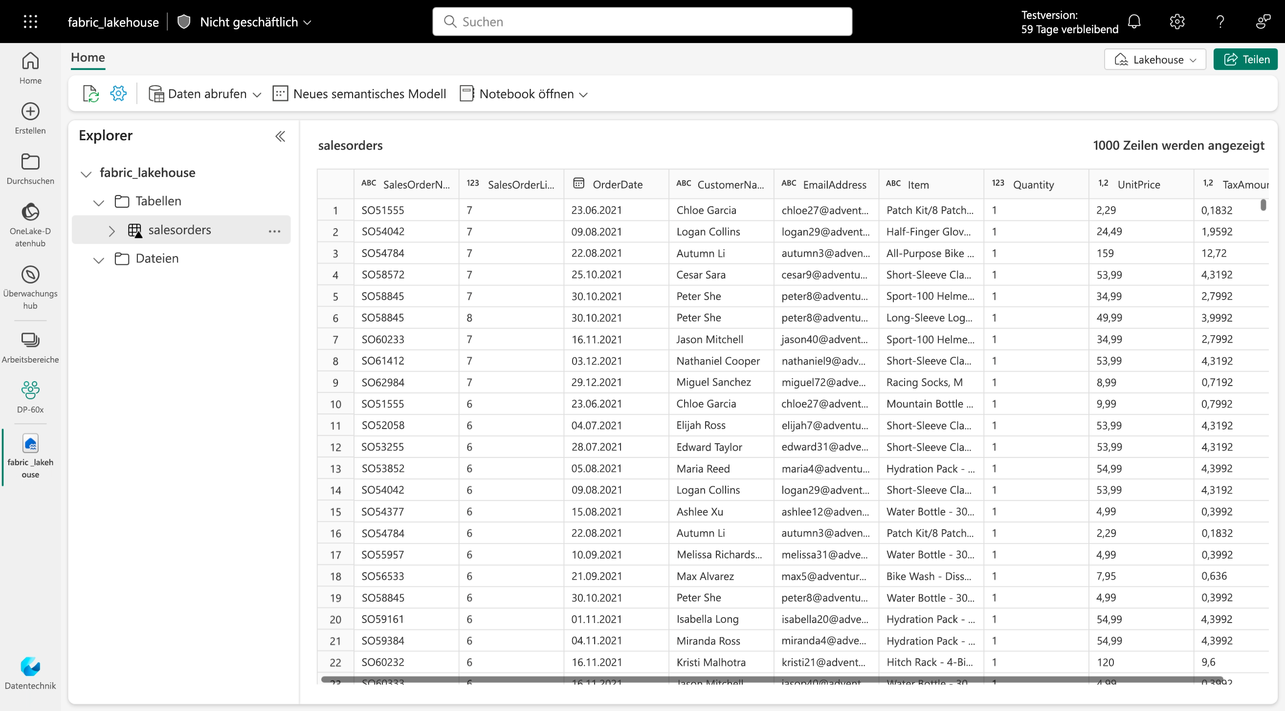 Screenshot of the salesorders table viewed in the Lakehouse explorer in Microsoft Fabric.