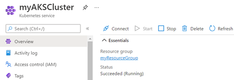 Azure-Portal Screenshot einer Azure Kubernetes Service (A K S)-Clusterübersichtsseite. Im Abschnitt 