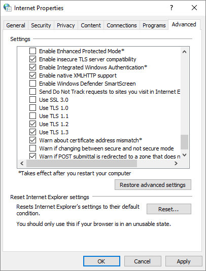 Screenshot, der die TLS-bezogenen Einstellungen in den Interneteigenschaften zeigt.