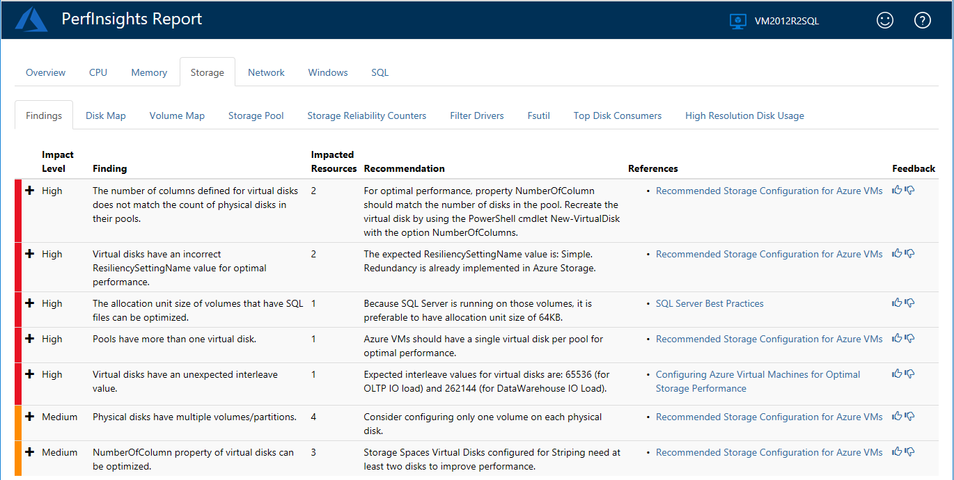 Screenshot: Registerkarte „Ergebnisse“ unter der Registerkarte „Speicher“ des PerfInsights-Berichts.