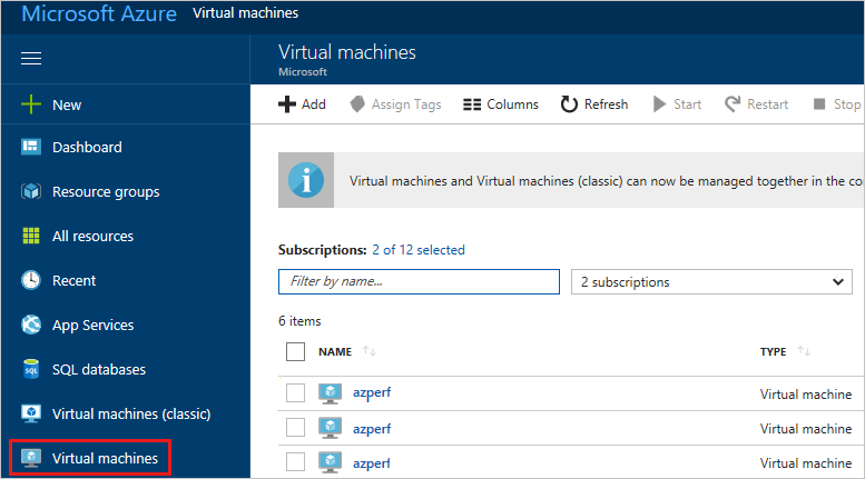 Screenshot Azure-Portal mit hervorgehobenen virtuellen Computern.