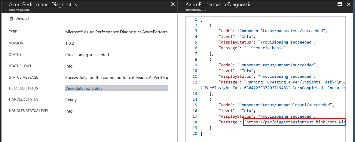 Screenshot des detaillierten Status der Leistungsdiagnose und des Downloadlinks der Erweiterung.