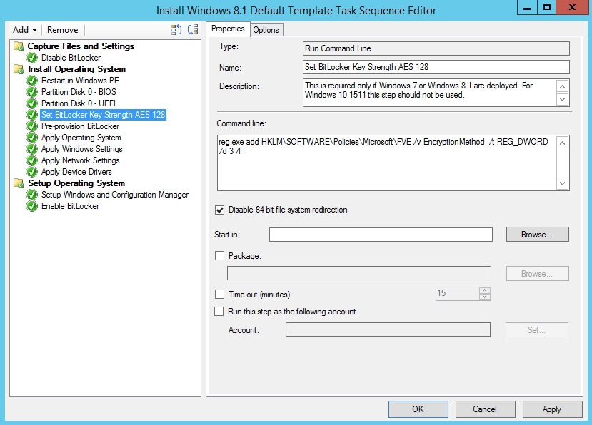 Screenshot der Eigenschaften des hinzugefügten Tasksequenzschritts: Festlegen der BitLocker-Schlüsselstärke AES 128.