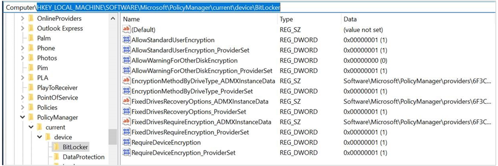 Screenshot der Registrierungsunterschlüssel, die sich auf Intune Richtlinie beziehen.