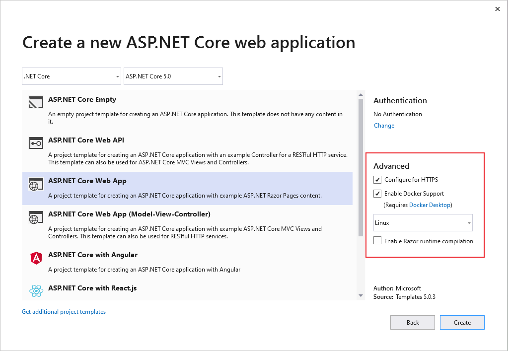 Screenshot: Erstellen eines neuen ASP.NET Core-Web-App-Projekts in Visual Studio 2019.