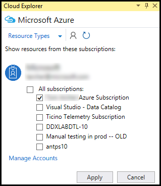 Cloud-Explorer: anzuzeigende Azure-Abonnements auswählen