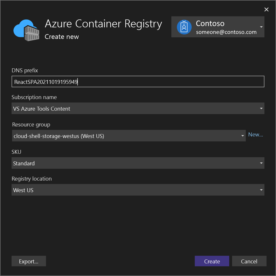 Screenshot: Visual Studio-Dialogfeld zum Erstellen einer Azure Container Registry-Instanz