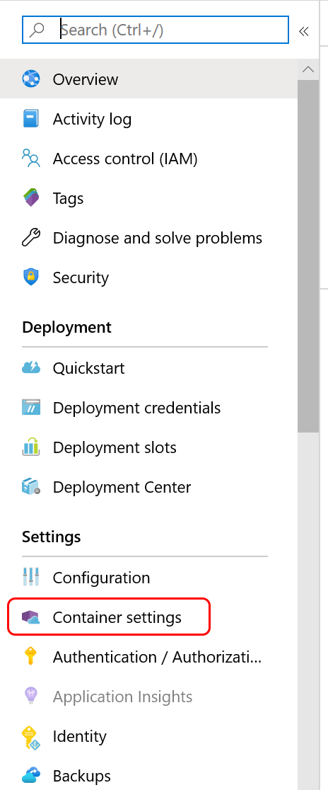 Screenshot: Menü „Containereinstellungen“ im Azure-Portal