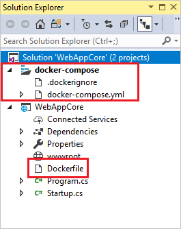 Screenshot: Docker-Dateien im Projektmappen-Explorer in Visual Studio