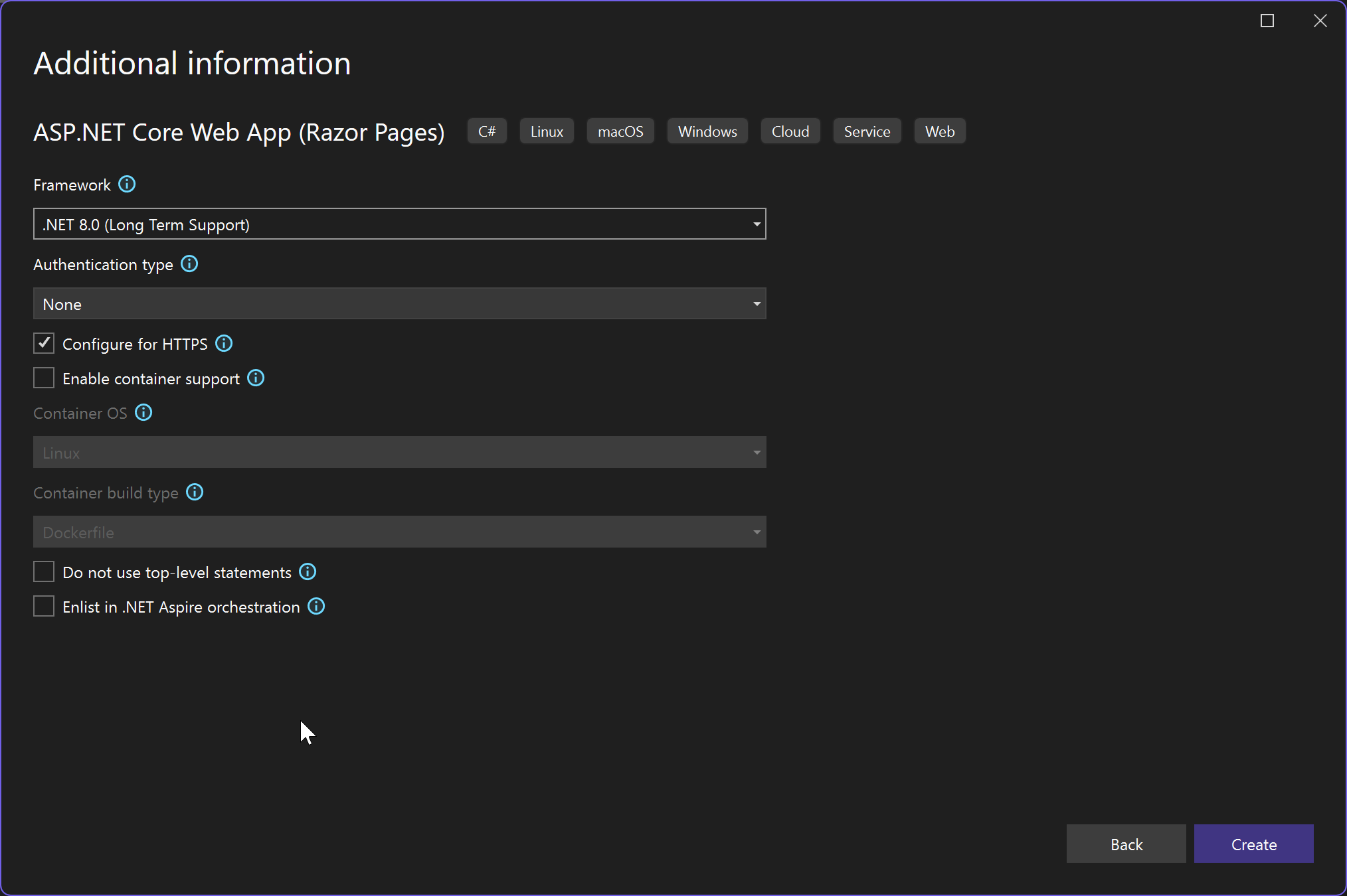 Screenshot showing Create ASP.NET Core Web App project.