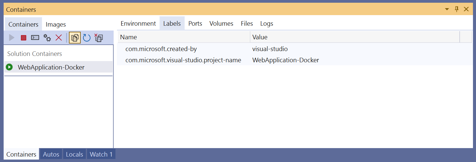 Screenshot: Fenster „Container“ in Visual Studio mit der Registerkarte „Bezeichnungen“