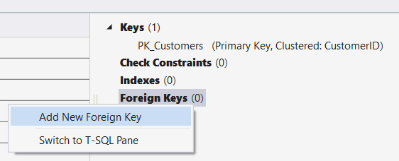 Hinzufügen eines Fremdschlüssels im Tabellen-Designer in Visual Studio