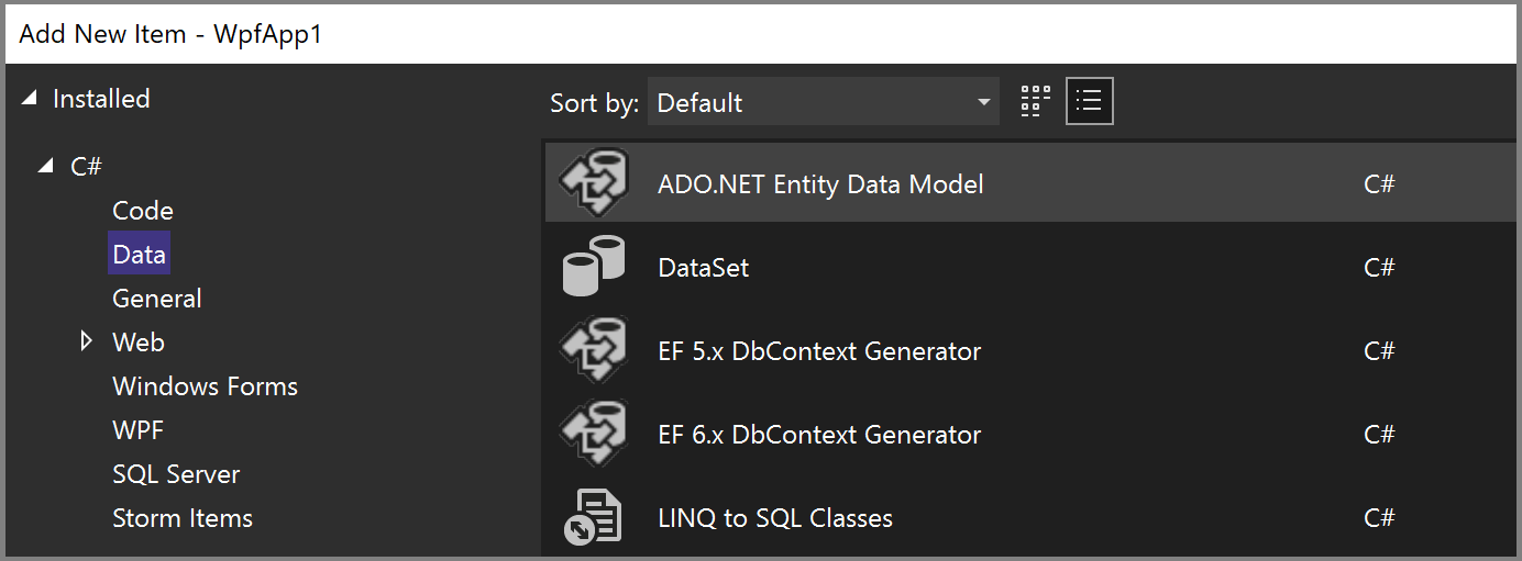 Screenshot: Neues Element für Entity Framework-Modell