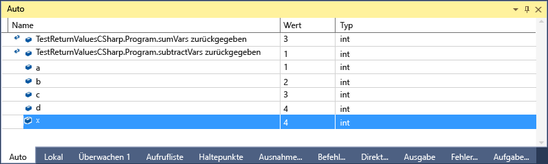 Screenshot des Rückgabewerts im Fenster „Auto“ (C#)