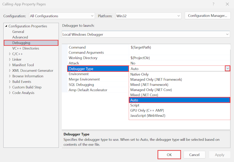 Screenshot, der zeigt, wie Sie das Debuggen im gemischten Modus für ein C++-Projekt in Visual Studio aktivieren.