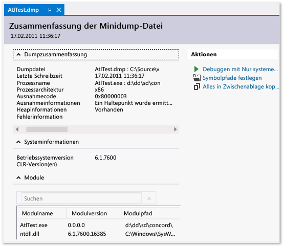 Screenshot: Zusammenfassungsseite für Minidump