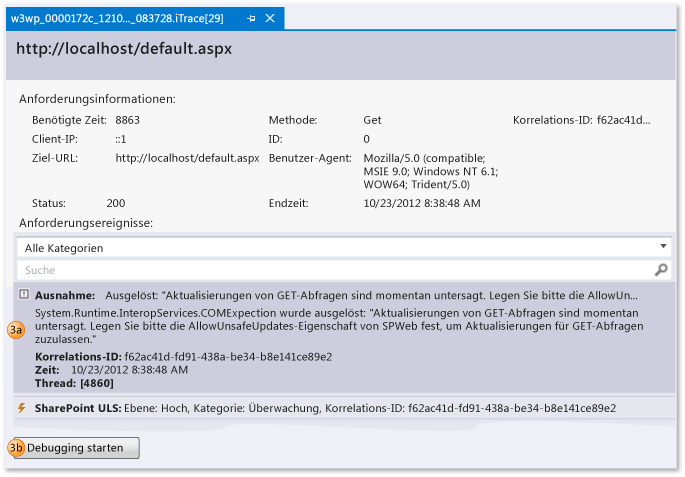 IntelliTrace log file - View web request + events