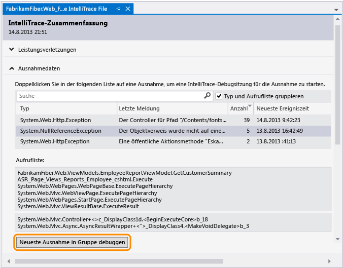 Start debugging from exception event