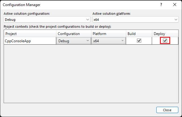 Screenshot: Konfigurations-Manager im Visual Studio-Projektmappen-Explorer. Die Debugkonfiguration ist ausgewählt, und „Bereitstellen“ ist aktiviert.