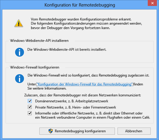 Screenshot der Konfiguration des Remotedebuggers.