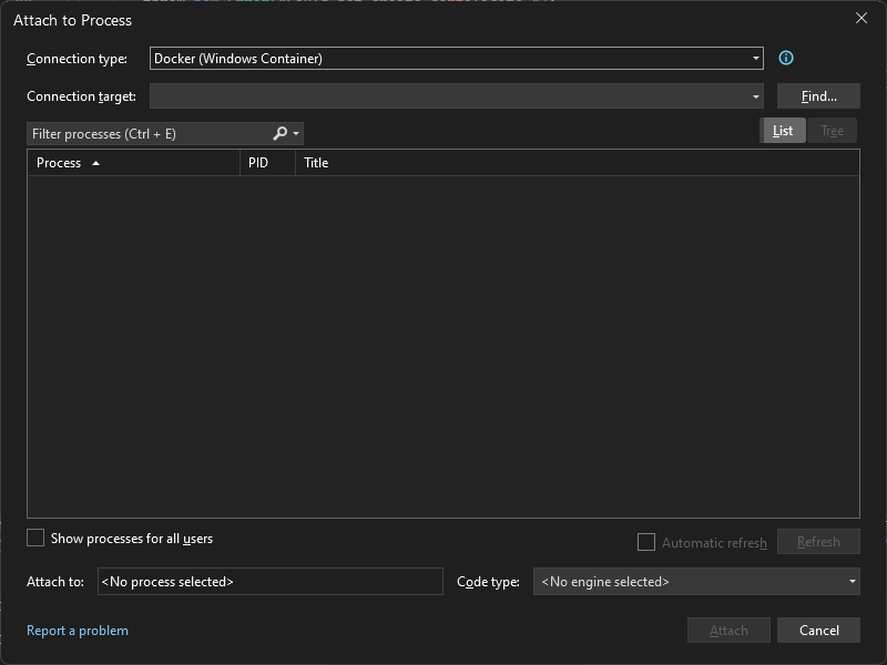 Screenshot des Dialogfelds „An Prozess anfügen“ in Visual Studio, das den „Verbindungstyp Docker (Windows-Container)“ zeigt