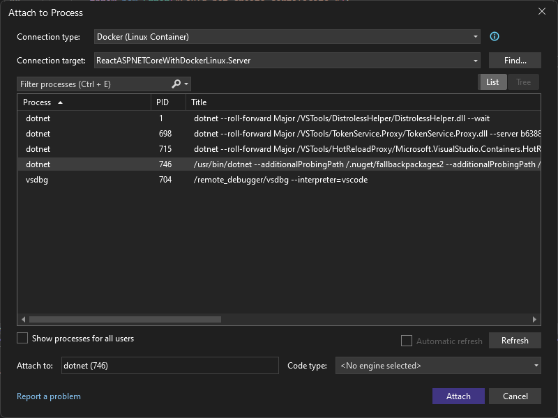 Screenshot des Dialogfelds „An Prozess anfügen“ in Visual Studio. Der Verbindungstyp ist auf Docker (Linux-Container) festgelegt, und der dotnet-Prozess ist ausgewählt.