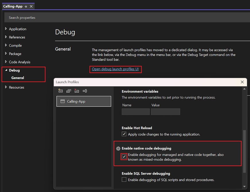 Screenshot, der zeigt, wie Sie das Debuggen im gemischten Modus für ein C#- oder Visual Basic-Projekt in Visual Studio aktivieren.